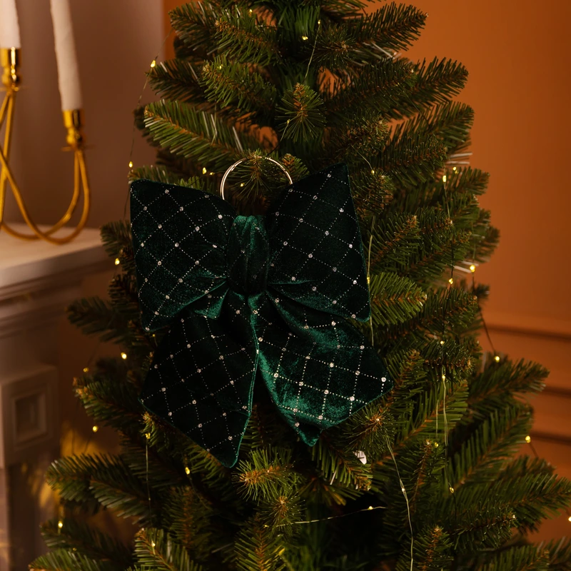 Оксамитовий бант для декору зі стразами та візерунком на ялинку 25×35 (см) Зелений CR-2-20