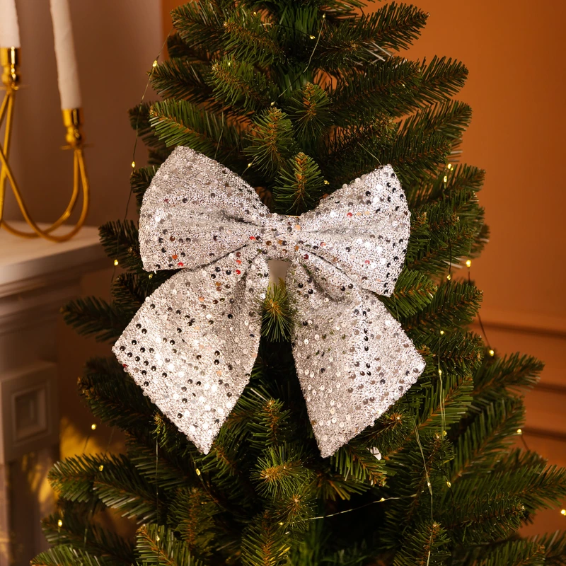 Бант новорічний для декору з паєтками на ялинку 25×35 (см) Сріблястий CR-2-28
