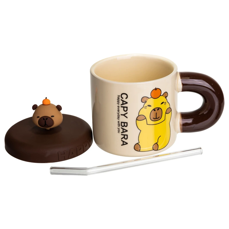 Чашка порцелянова з кришкою і трубочкою Капібара з апельсином 300 (мл) FM-27C