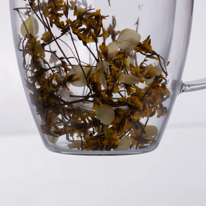 Чашка скляна з подвійними стінками, склянка з термостійкого скла з декором жовтих сухоцвітів 350 мл 64486-43