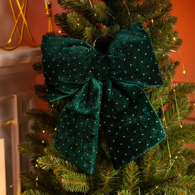 Оксамитовий бант для декору зі стразами на ялинку 35×45 (см) Зелений CR-2-11