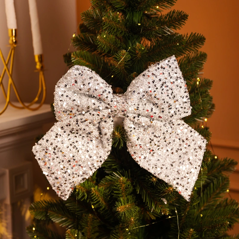 Бант новорічний для декору з паєтками на ялинку 35×45 (см) Сріблястий CR-2-27