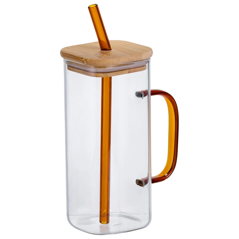 Скляна чашка 400 мл з бамбуковою кришкою і золотистою трубочкою HP-19-146GOLD