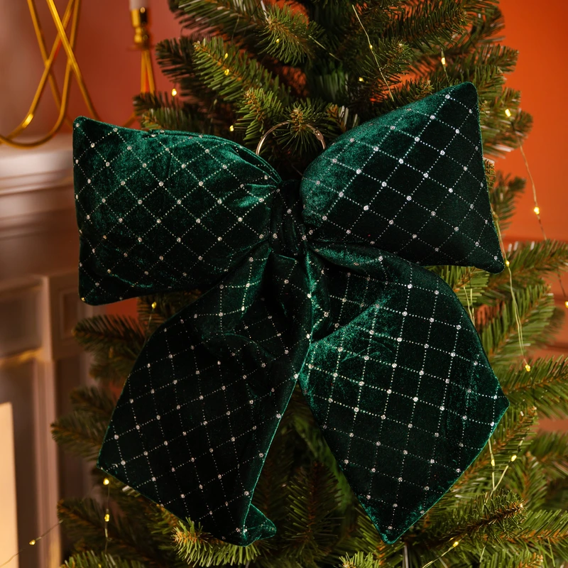 Оксамитовий бант для декору зі стразами на ялинку 45×50 (см) Зелений CR-2-10