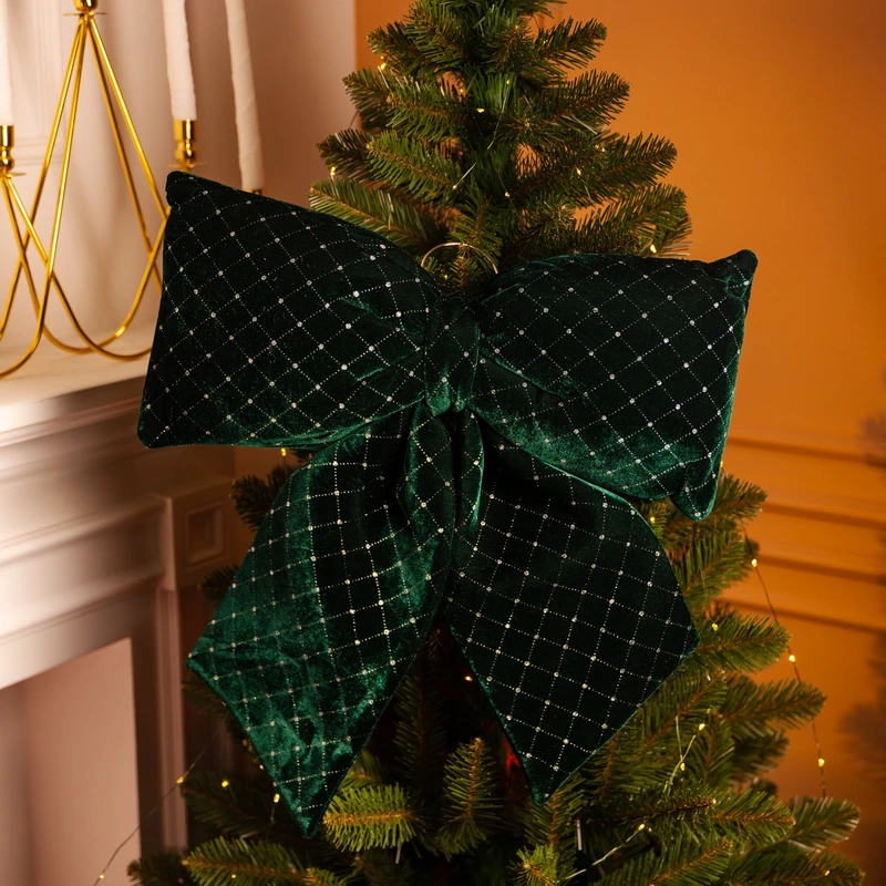 Оксамитовий бант для декору зі стразами та візерунком на ялинку 55×70 (см) Зелений CR-2-17