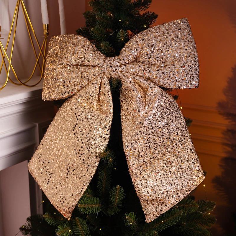 Бант новогодний для декора с пайетками на елку 55×70 (см) Золотистый CR-2-21
