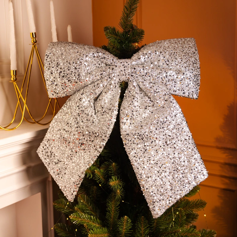 Бант новорічний для декору з паєтками на ялинку 55×70 (см) Сріблястий CR-2-25