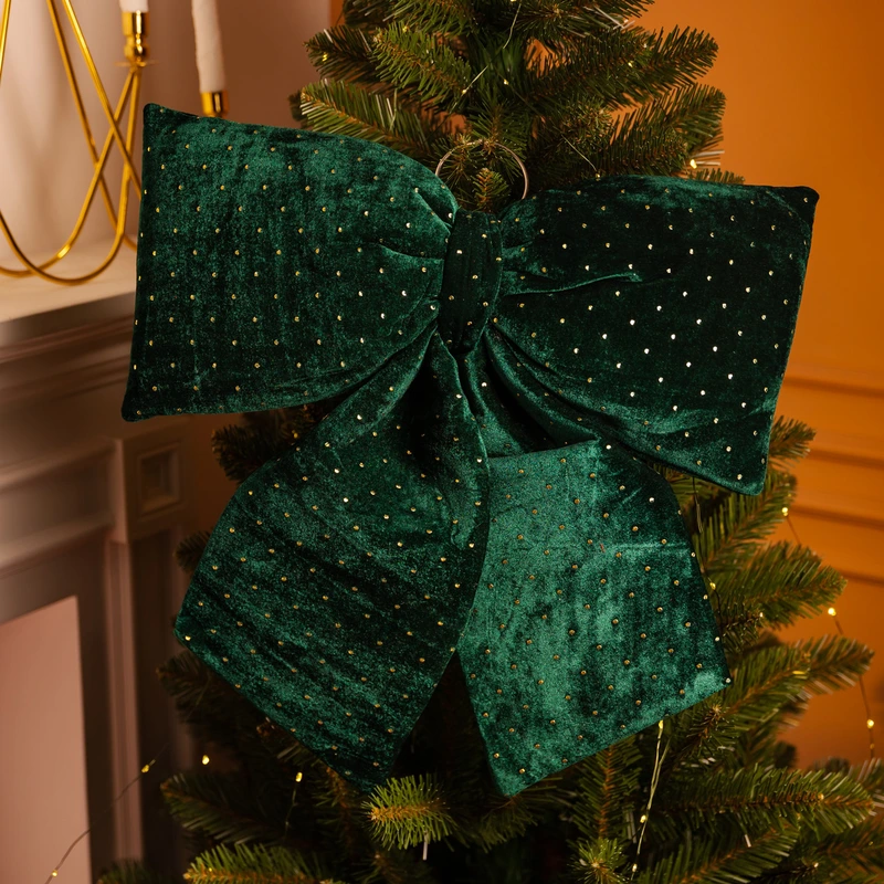 Оксамитовий бант для декору зі стразами на ялинку 55×70 (см) Зелений CR-2-9