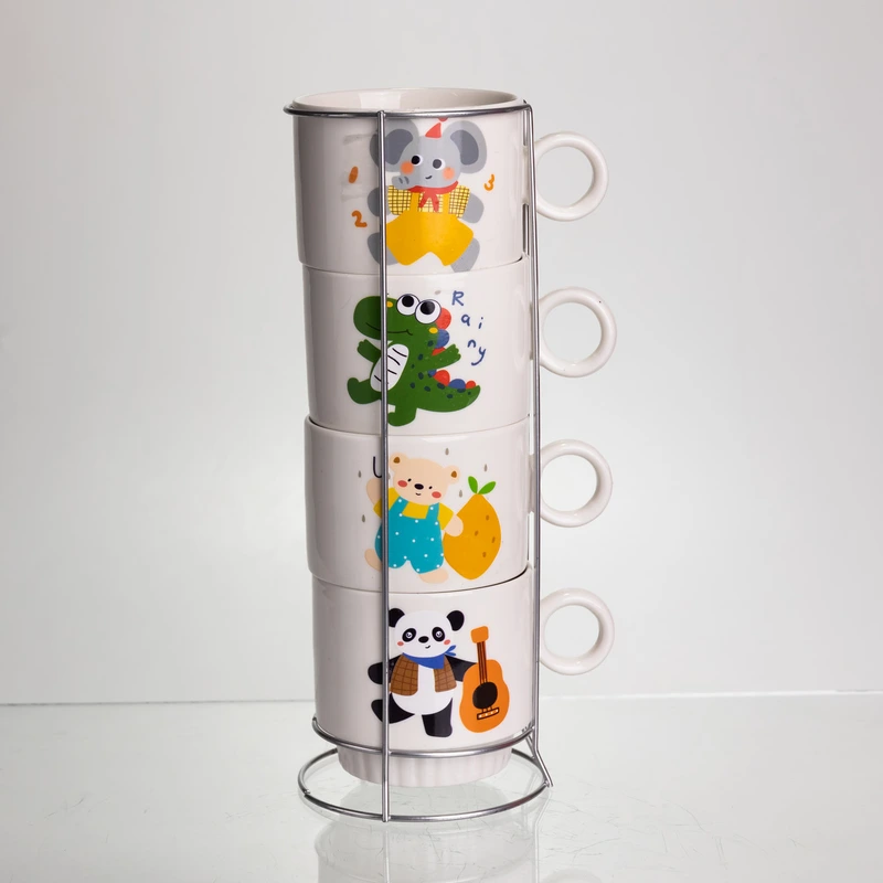 Набір порцелянових чашок для дітей на металевій підставці Animals 4 (шт) по 300 (мл) подарунковий набір чашок FM-8