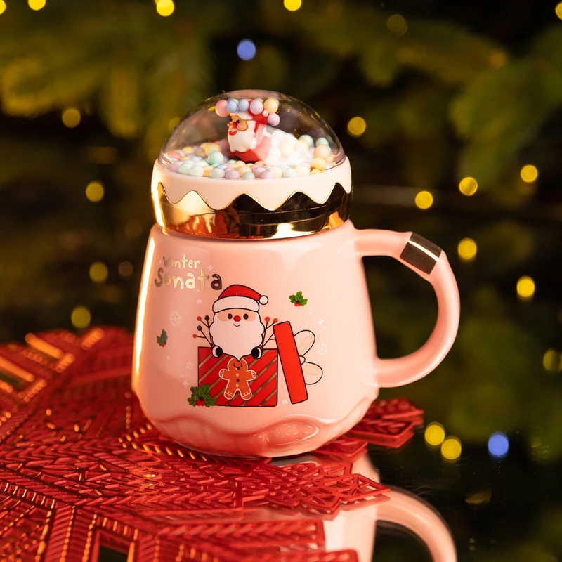 Чашка порцелянова з кришкою Christmas 400 (мл) Рожева Yiwu FM-CS-41C — фото 2