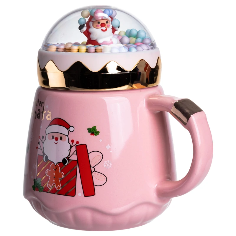 Чашка порцелянова з кришкою Christmas 400 (мл) Рожева Yiwu FM-CS-41C — фото 3