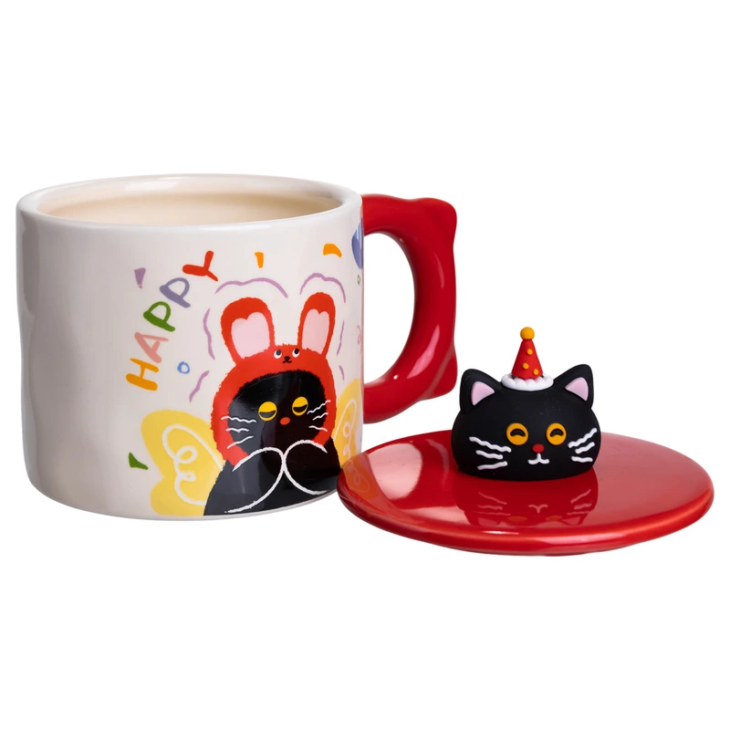 Чашка порцелянова з кришкою Kitten's Birthday 400 (мл) подарункова кружка прикольна чашка для дітей на подарунок Червоний FM-24D — фото 2