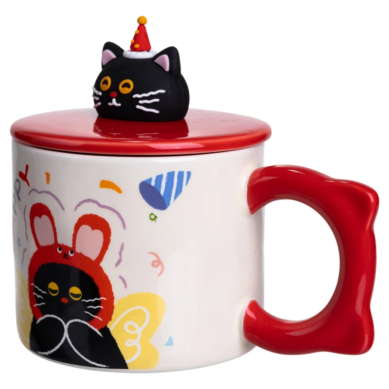Чашка порцелянова з кришкою Kitten's Birthday 400 (мл) подарункова кружка прикольна чашка для дітей на подарунок Червоний FM-24D — фото 3