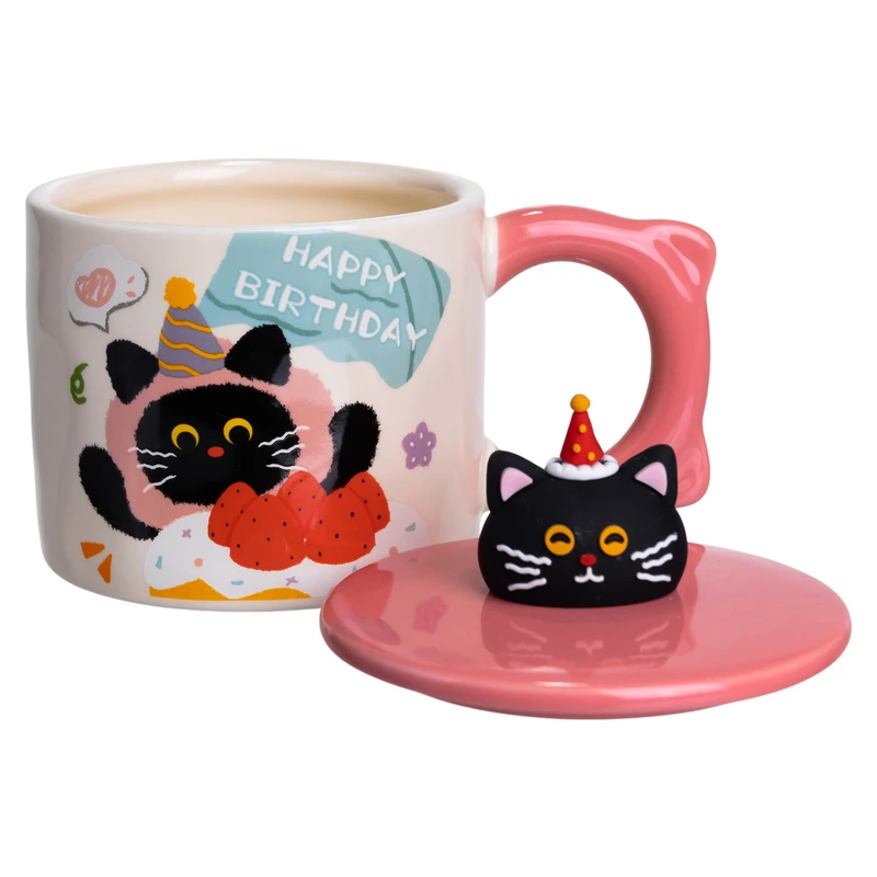 Чашка порцелянова з кришкою Kitten's Birthday 400 (мл) подарункова кружка прикольна чашка для дітей на подарунок Рожевий FM-24C — фото 3