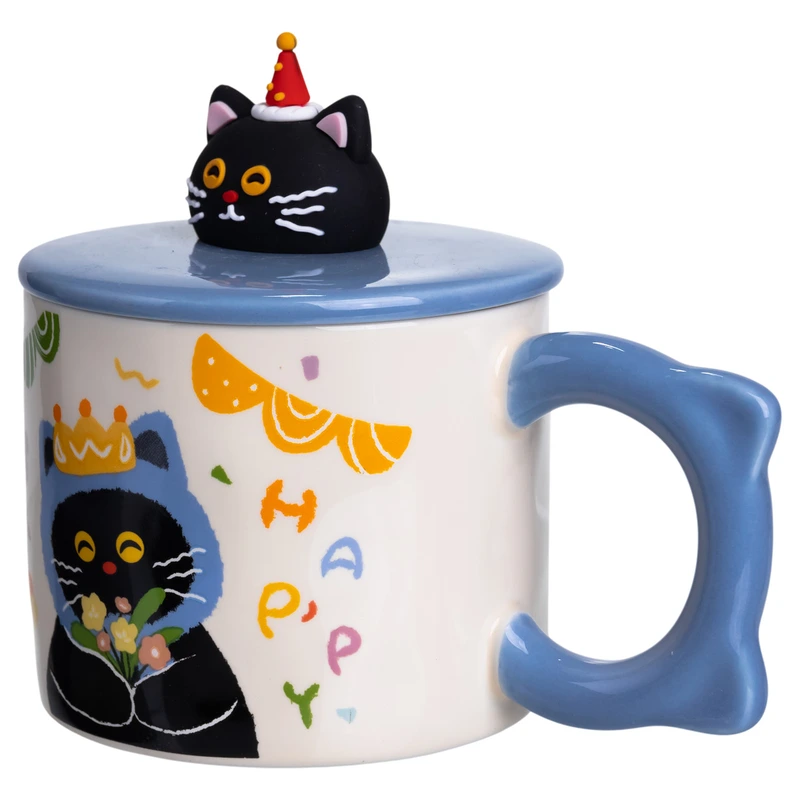 Чашка порцелянова з кришкою Kitten's Birthday 400 (мл) подарункова кружка прикольна чашка для дітей на подарунок Синій FM-24A
