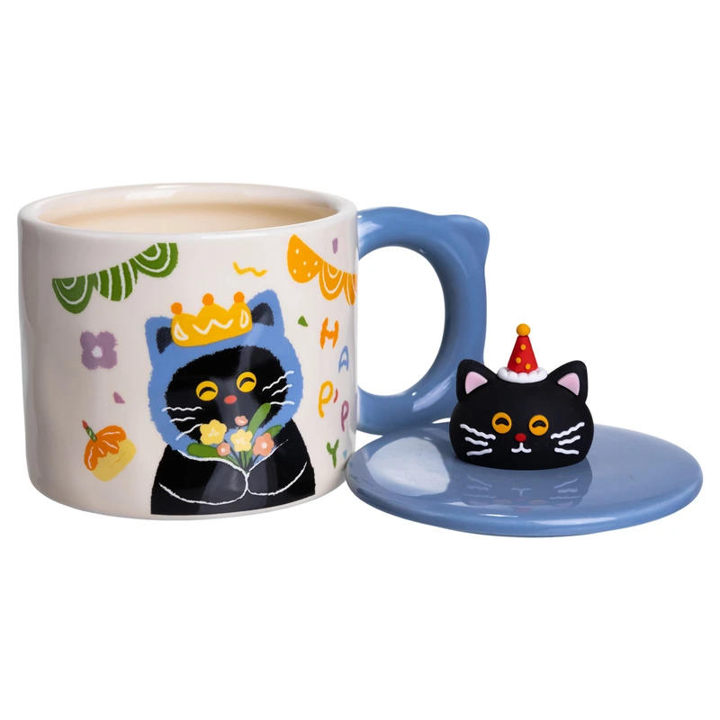 Чашка порцелянова з кришкою Kitten's Birthday 400 (мл) подарункова кружка прикольна чашка для дітей на подарунок Синій FM-24A — фото 3
