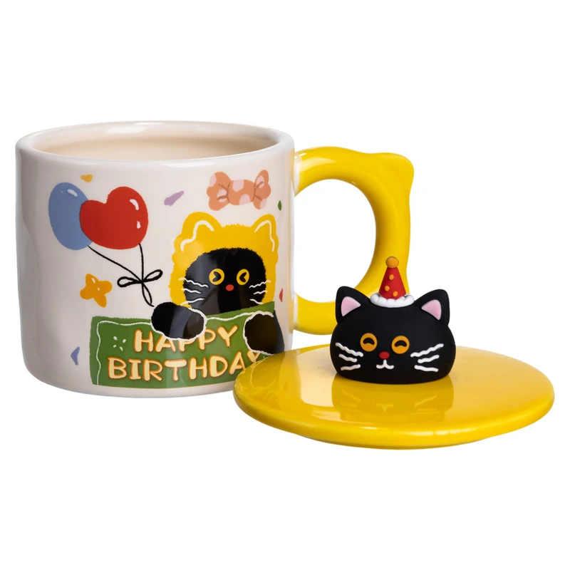 Чашка порцелянова з кришкою Kitten's Birthday 400 (мл) подарункова кружка прикольна чашка для дітей на подарунок Жовтий FM-24B