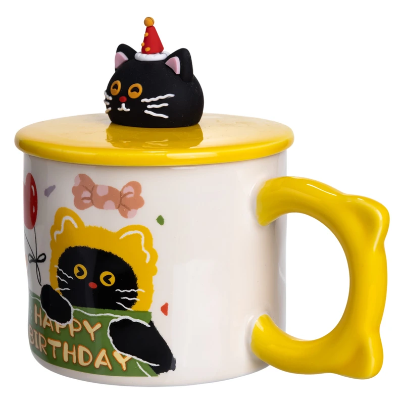 Чашка порцелянова з кришкою Kitten's Birthday 400 (мл) подарункова кружка прикольна чашка для дітей на подарунок Жовтий FM-24B — фото 3