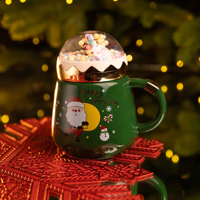 Чашка порцелянова з кришкою Christmas 400 (мл) Зелена Yiwu FM-CS-41A