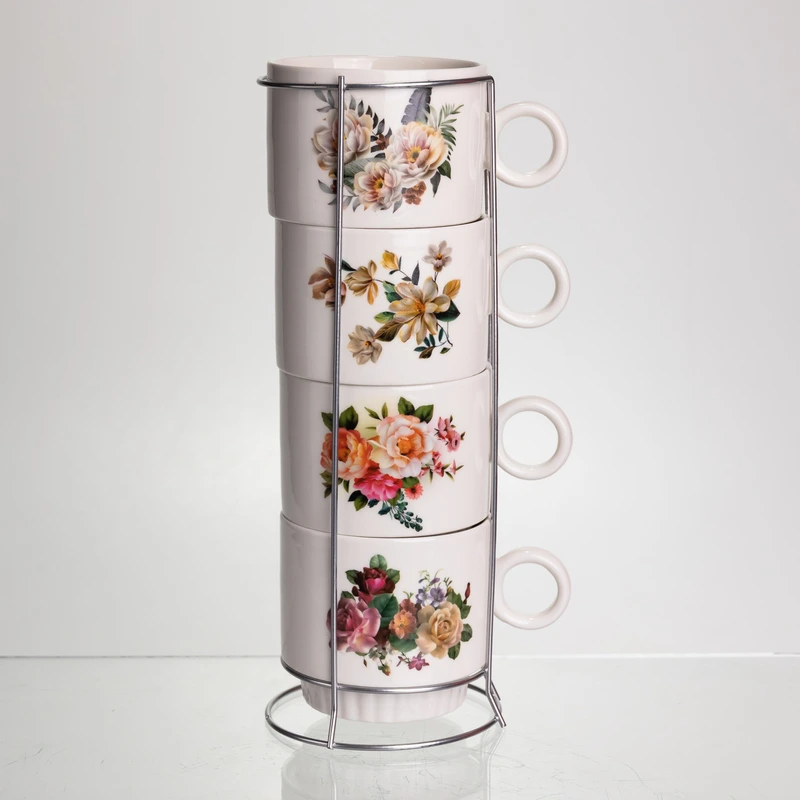 Набір чашок для чаю та кави на металевій підставці Flower 4 (шт) по 300 (мл) подарунковий набір порцелянових чашок FM-7