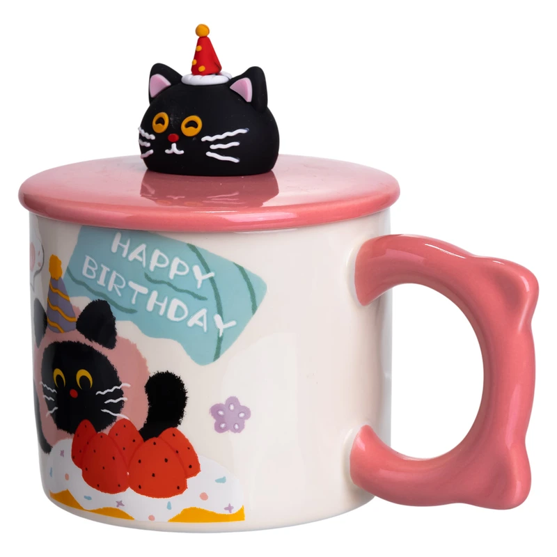 Чашка порцелянова з кришкою Kitten's Birthday 400 (мл) подарункова кружка прикольна чашка для дітей на подарунок Рожевий FM-24C