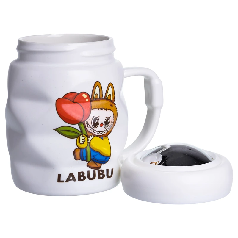 Чашка порцелянова з кришкою Labubu 400 (мл) подарункова кружка прикольна чашка для дітей на подарунок Білий з жовтим FM-54D