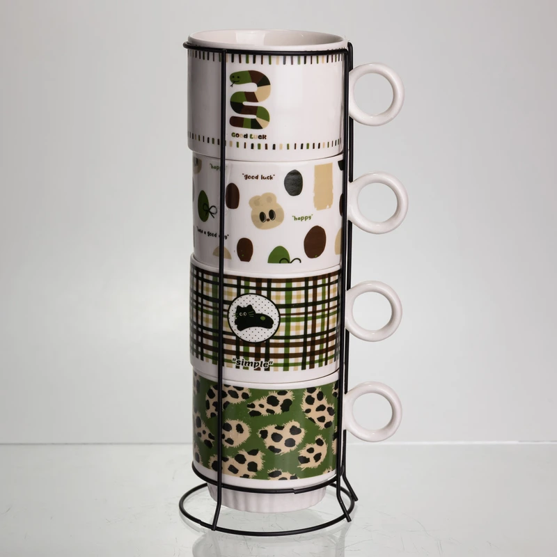 Набір чашок для чаю та кави на металевій підставці Lucky 4 (шт) по 300 (мл) подарунковий набір порцелянових чашок FM-16