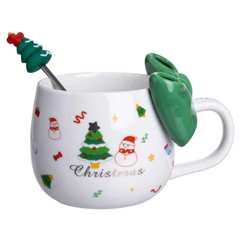 Новогодняя фарфоровая чашка с ложкой Merry Christmas 400 (мл) Зеленый Yiwu FM-CS-19B