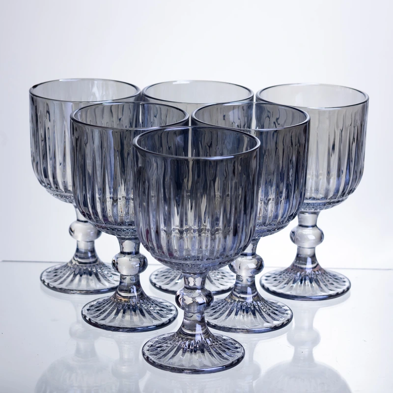 Набір келихів для вина 6 штук по 300 мл ребристих із товстого скла синій HP-19-237